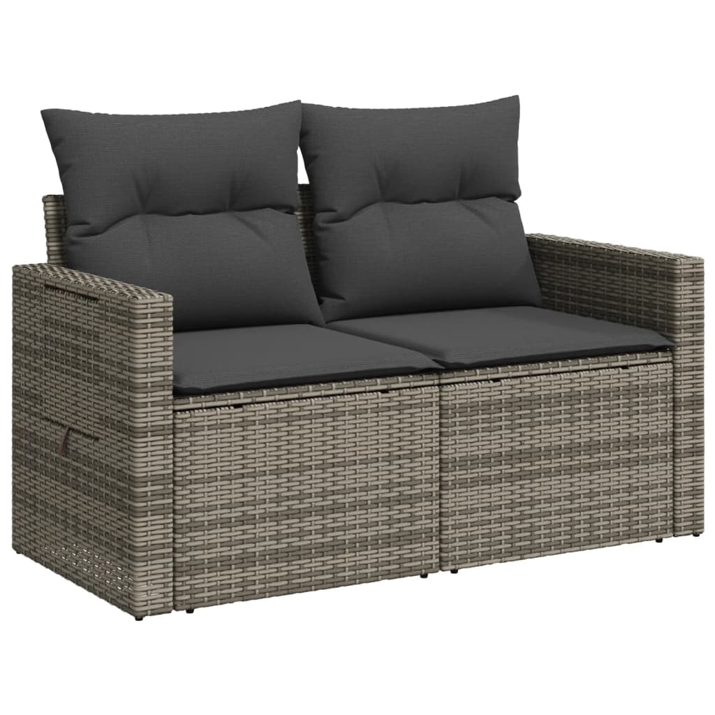 vidaXL Sofa ogrodowa z poduszkami, 2-osobowa, szara, polirattan