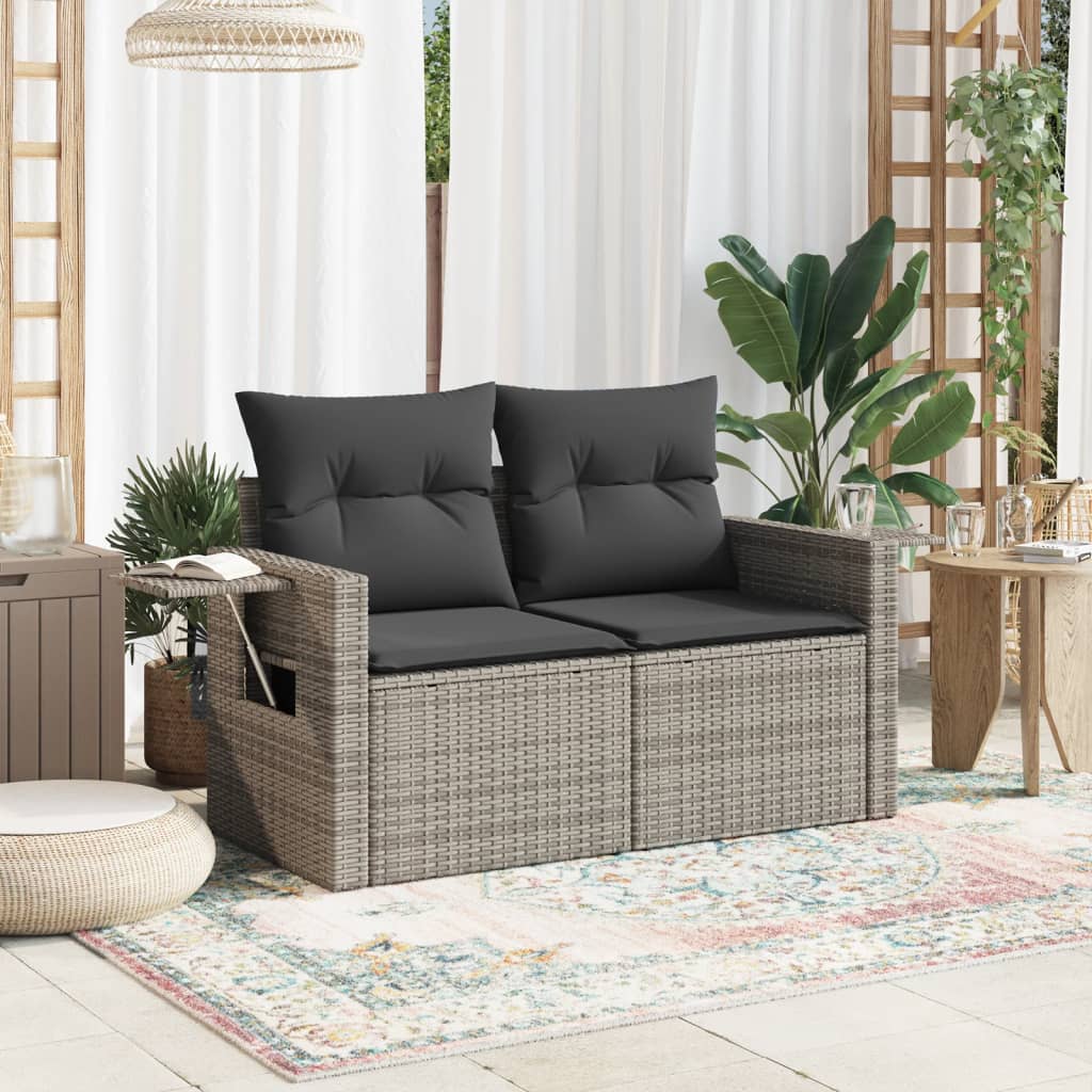 vidaXL Sofa ogrodowa z poduszkami, 2-osobowa, szara, polirattan