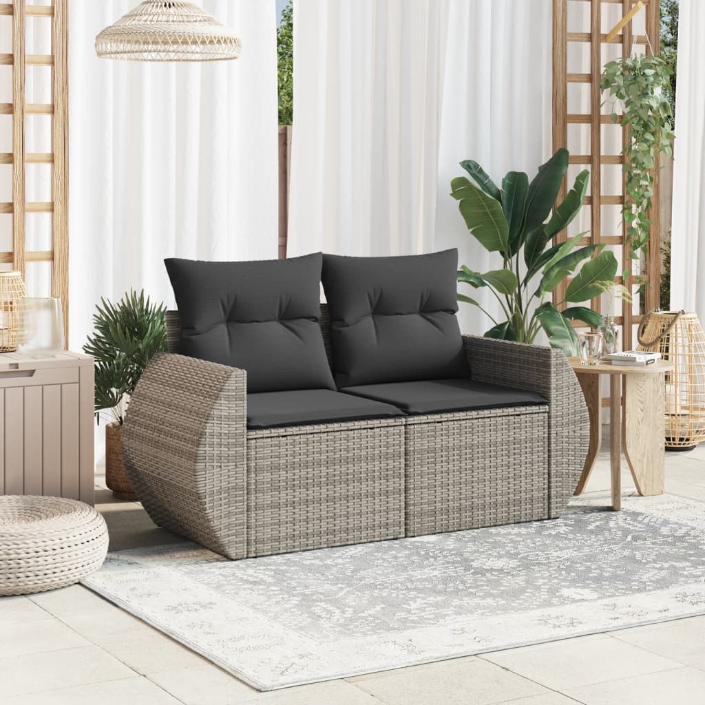 vidaXL Sofa ogrodowa z poduszkami, 2-osobowa, szara, polirattan