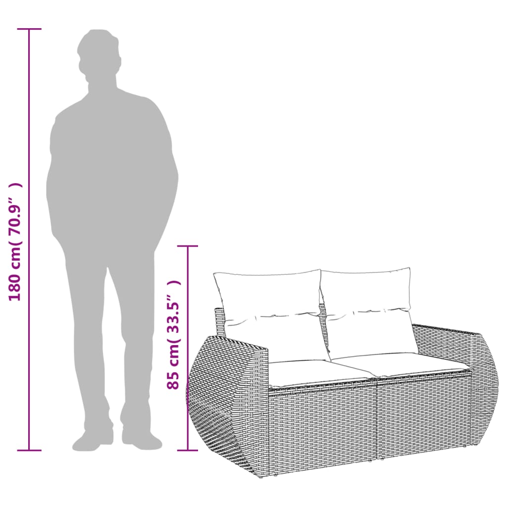 vidaXL Sofa ogrodowa z poduszkami, 2-osobowa, szara, polirattan