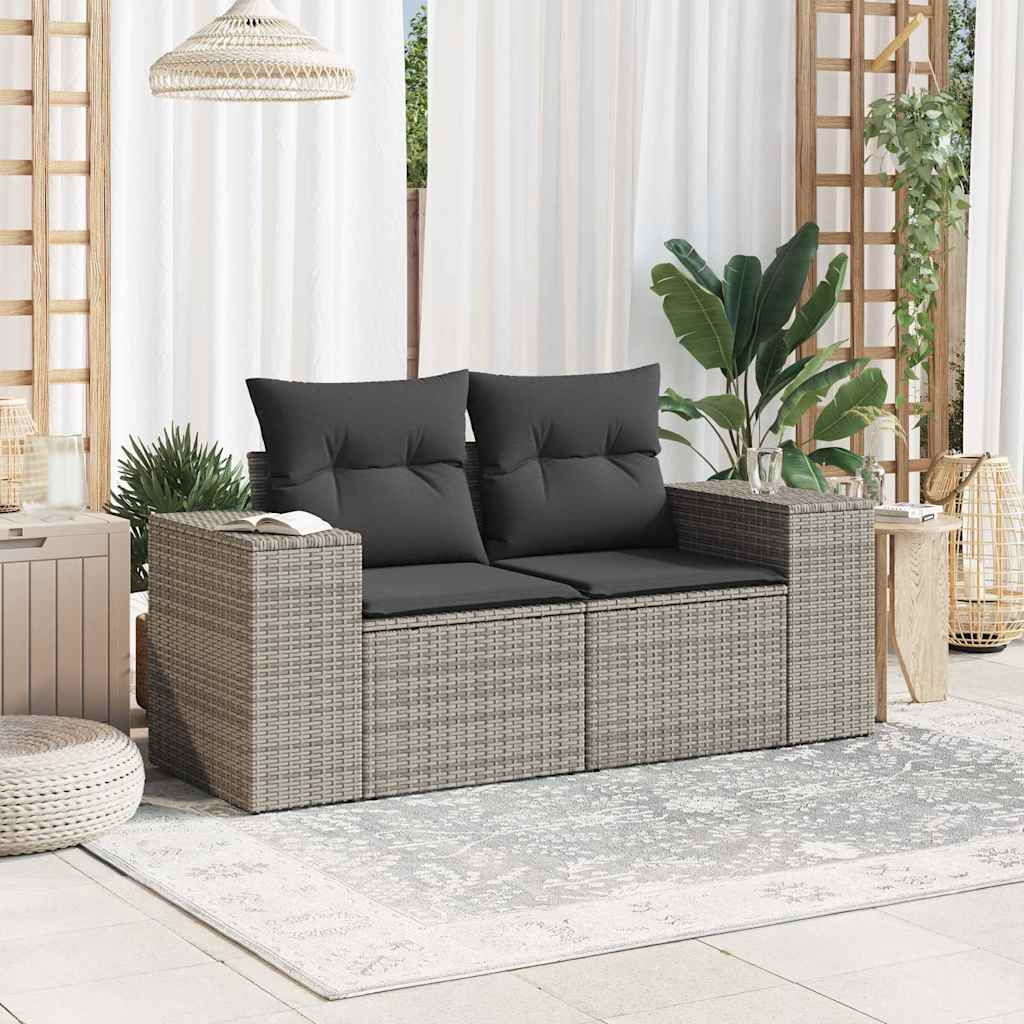 vidaXL Sofa ogrodowa z poduszkami, 2-osobowa, szara, polirattan