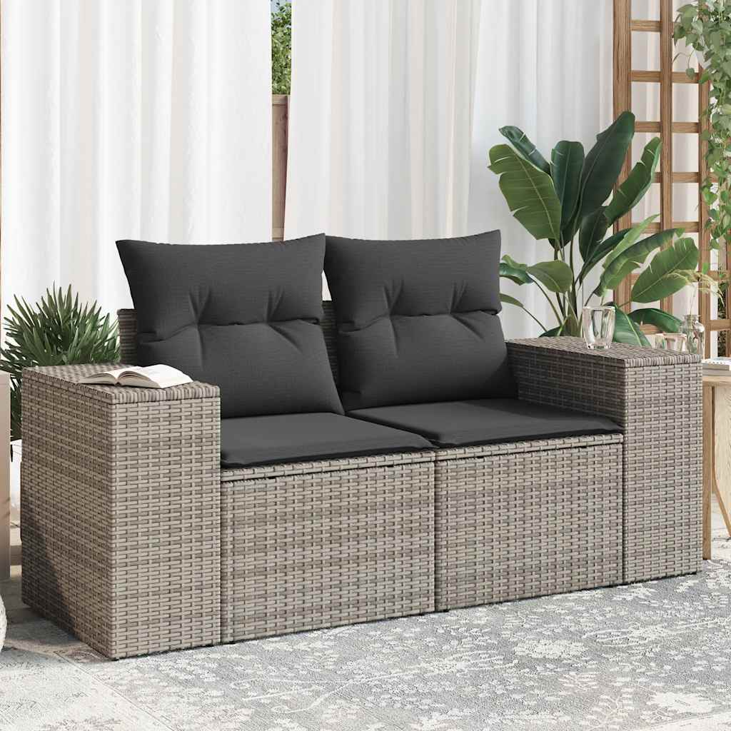 vidaXL Sofa ogrodowa z poduszkami, 2-osobowa, szara, polirattan