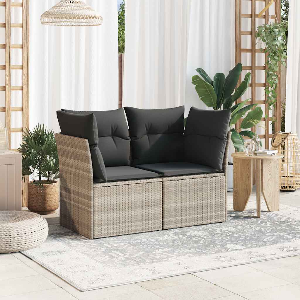 vidaXL Sofa ogrodowa z poduszkami, 2-osobowa, jasnoszara, polirattan