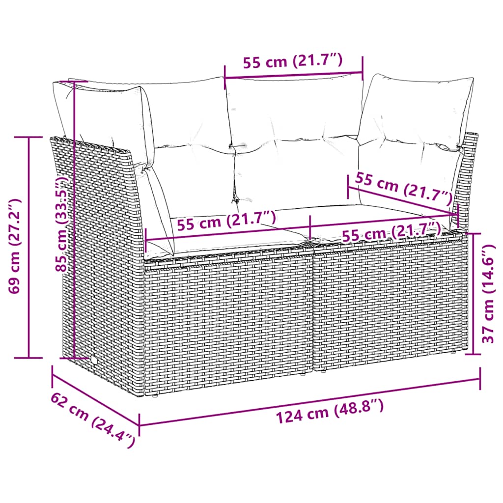 vidaXL Sofa ogrodowa z poduszkami, 2-osobowa, jasnoszara, polirattan