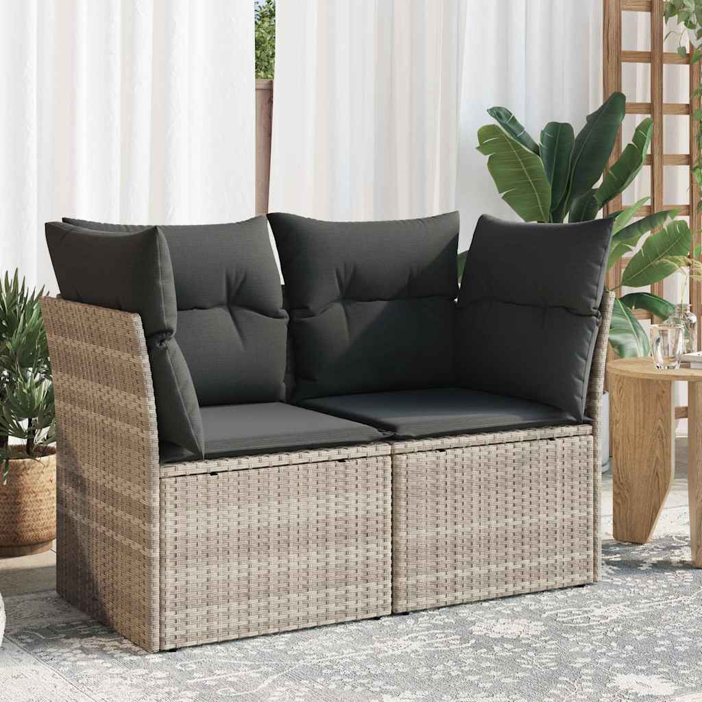 vidaXL Sofa ogrodowa z poduszkami, 2-osobowa, jasnoszara, polirattan