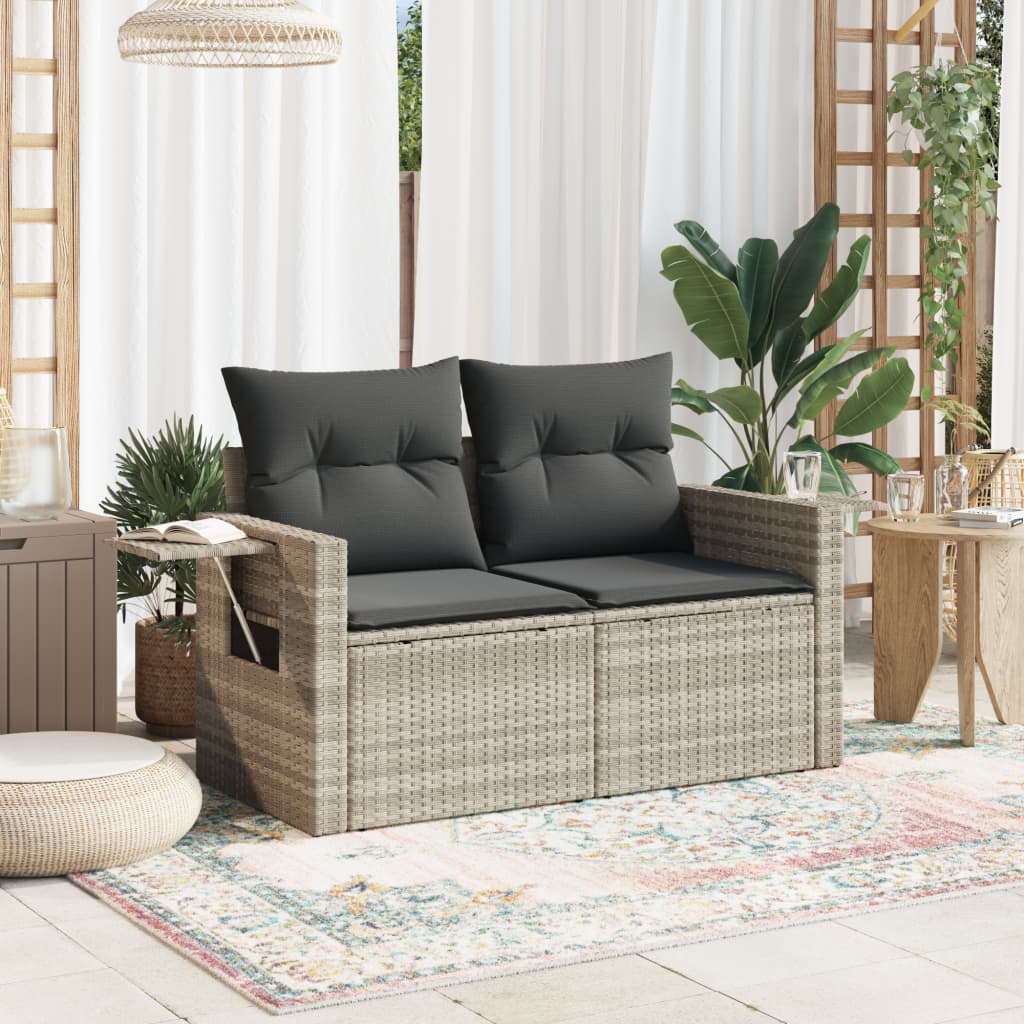 vidaXL Sofa ogrodowa z poduszkami, 2-osobowa, jasnoszara, polirattan