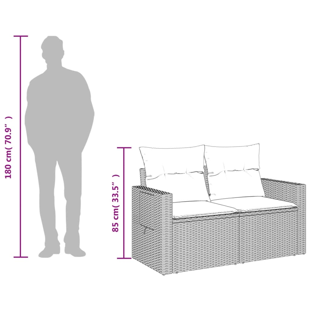 vidaXL Sofa ogrodowa z poduszkami, 2-osobowa, jasnoszara, polirattan