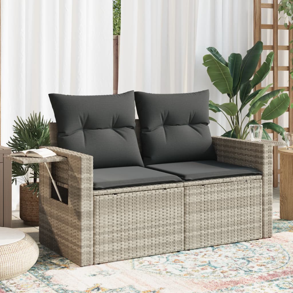 vidaXL Sofa ogrodowa z poduszkami, 2-osobowa, jasnoszara, polirattan