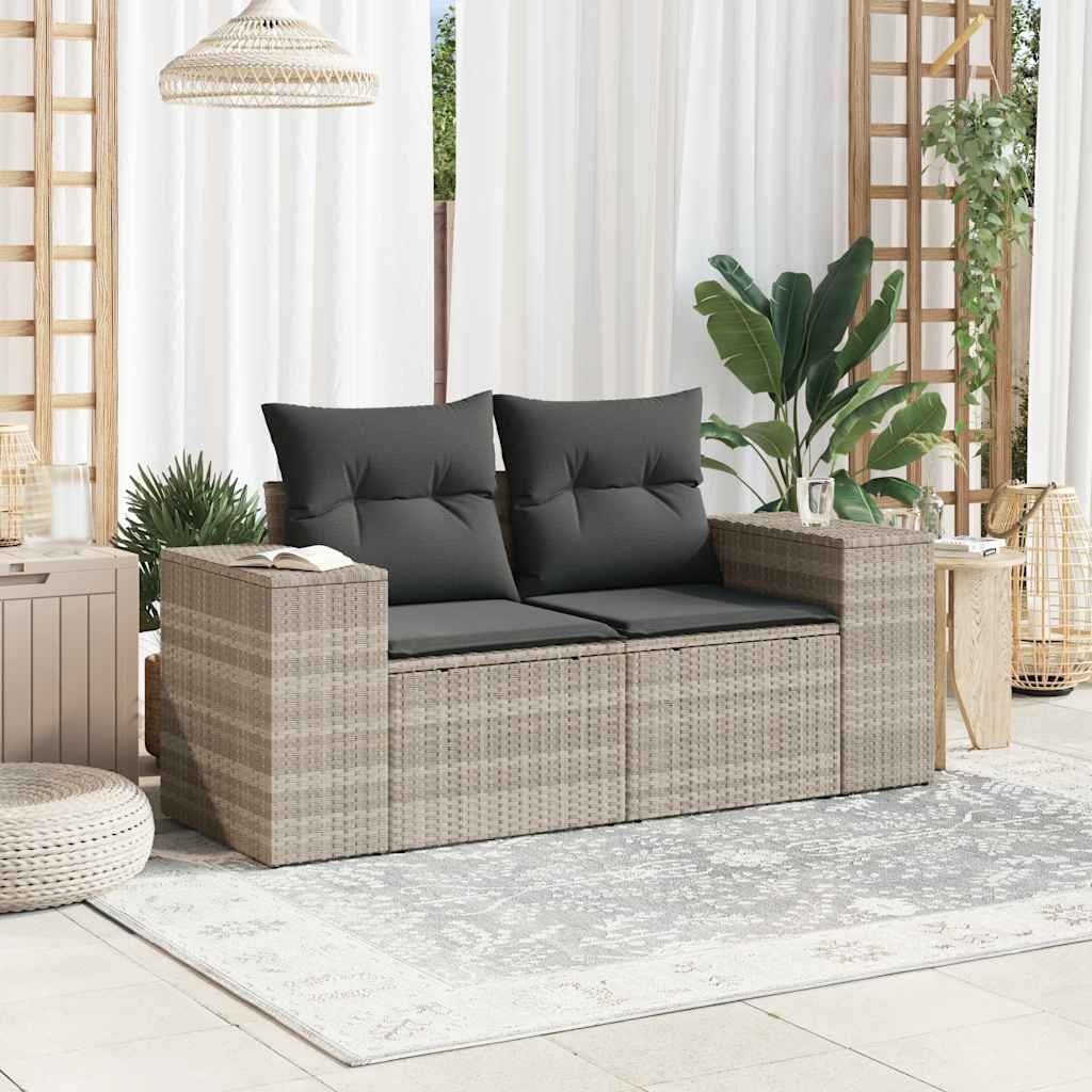 vidaXL Sofa ogrodowa z poduszkami, 2-osobowa, jasnoszara, polirattan