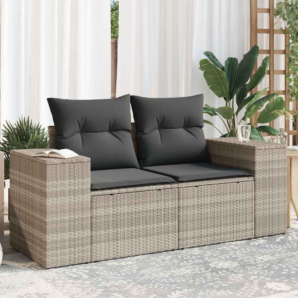 vidaXL Sofa ogrodowa z poduszkami, 2-osobowa, jasnoszara, polirattan