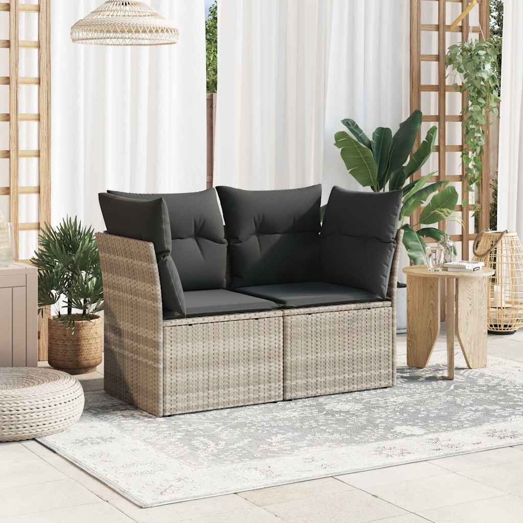 vidaXL Sofa ogrodowa z poduszkami, 2-osobowa, jasnoszara, polirattan