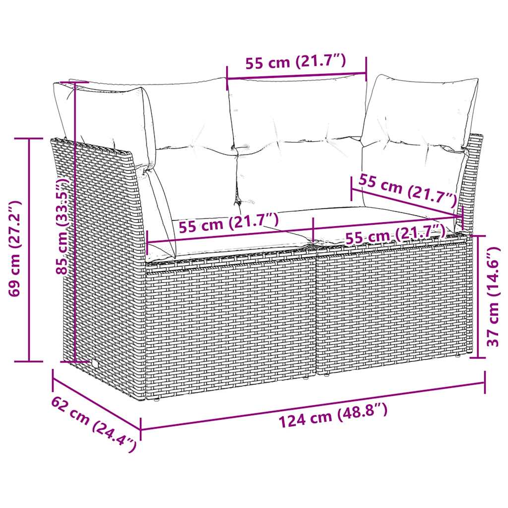 vidaXL Sofa ogrodowa z poduszkami, 2-osobowa, jasnoszara, polirattan