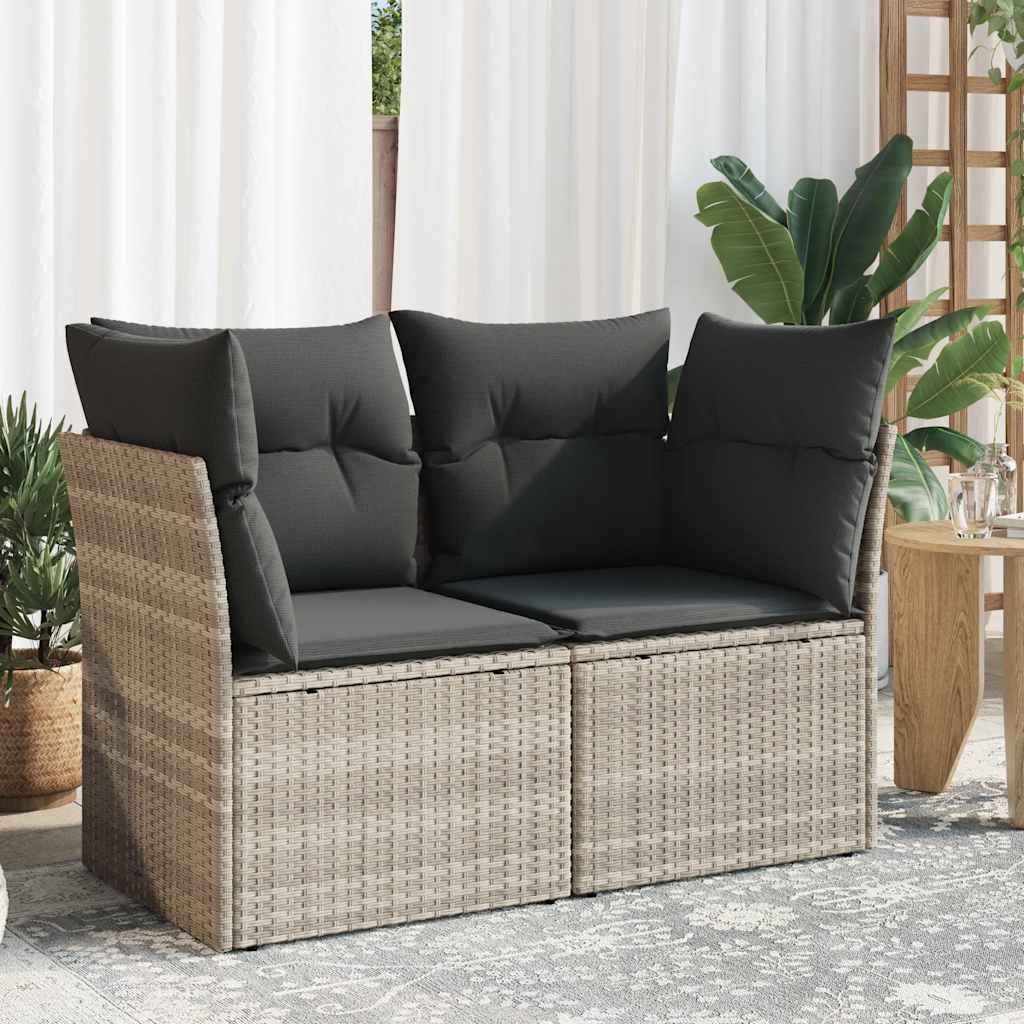 vidaXL Sofa ogrodowa z poduszkami, 2-osobowa, jasnoszara, polirattan