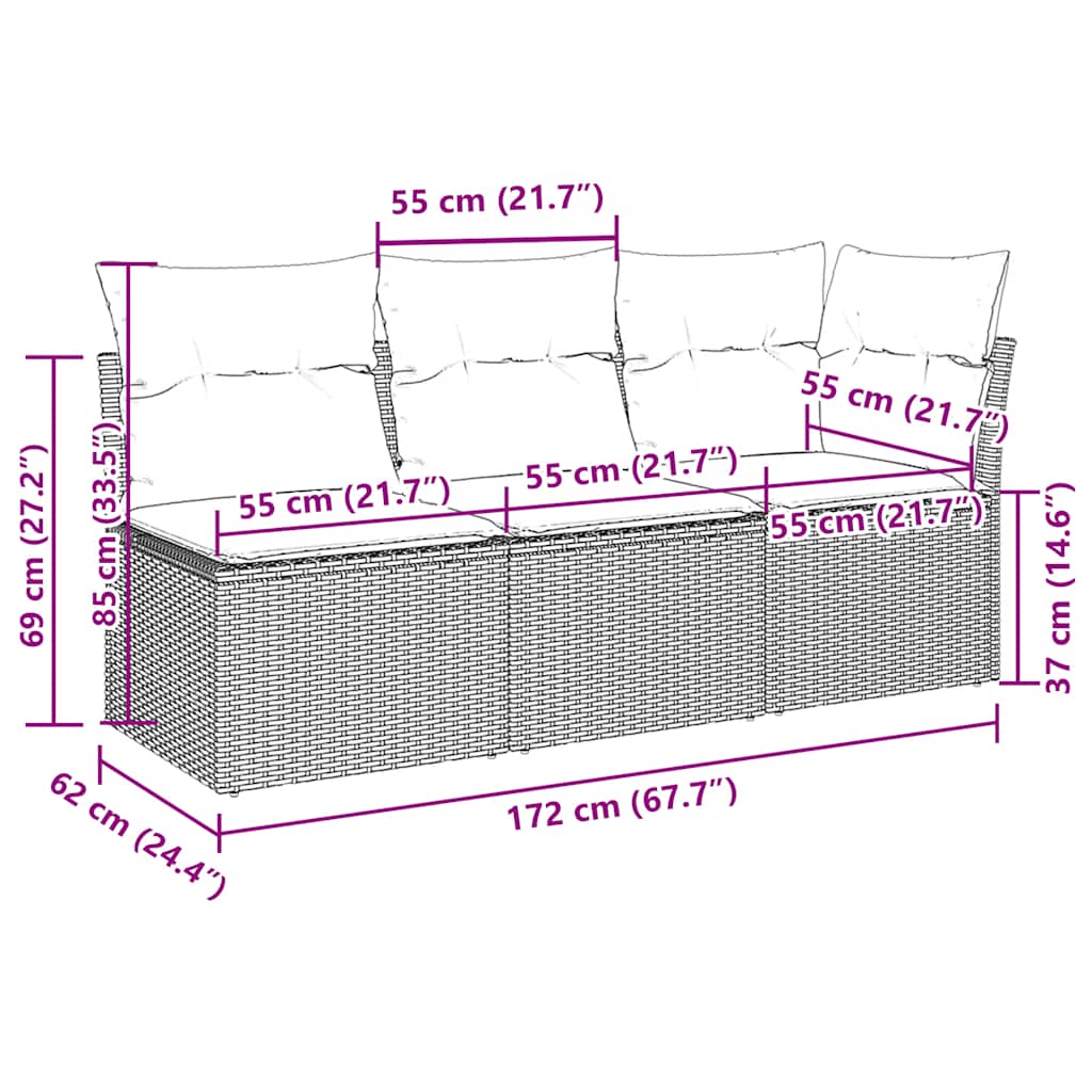 vidaXL Sofa ogrodowa z poduszkami, 3-osobowa, jasnoszara, polirattan