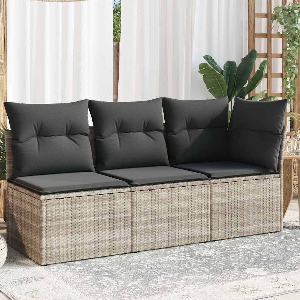vidaXL Sofa ogrodowa z poduszkami, 3-osobowa, jasnoszara, polirattan