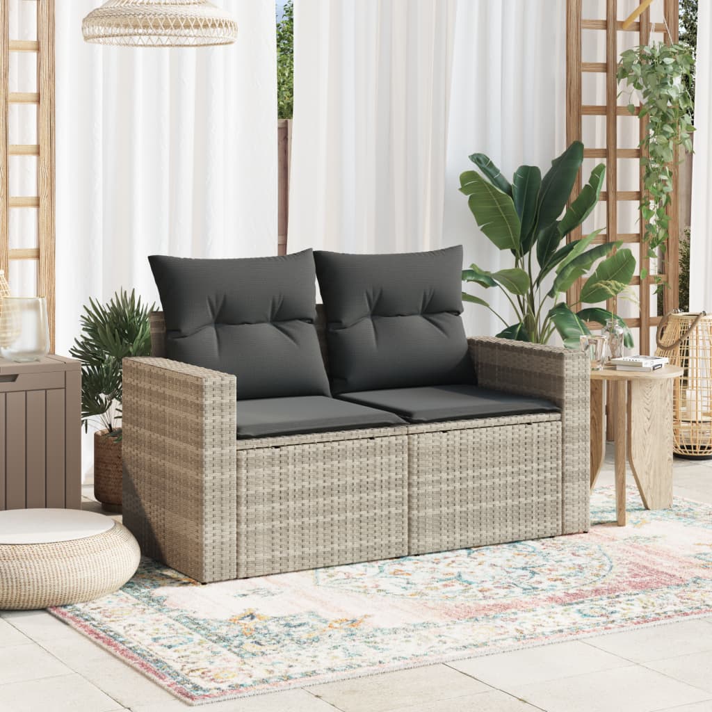 vidaXL Sofa ogrodowa z poduszkami, 2-osobowa, jasnoszara, polirattan