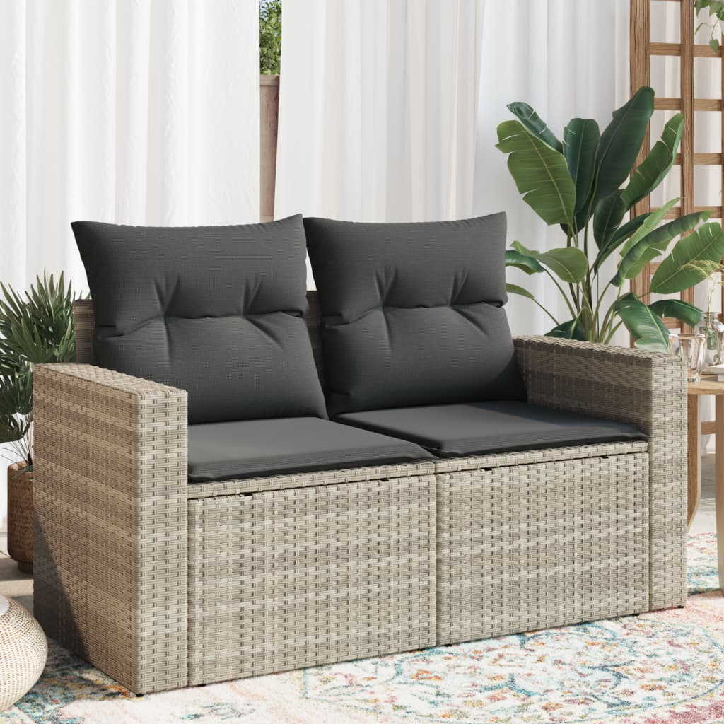 vidaXL Sofa ogrodowa z poduszkami, 2-osobowa, jasnoszara, polirattan