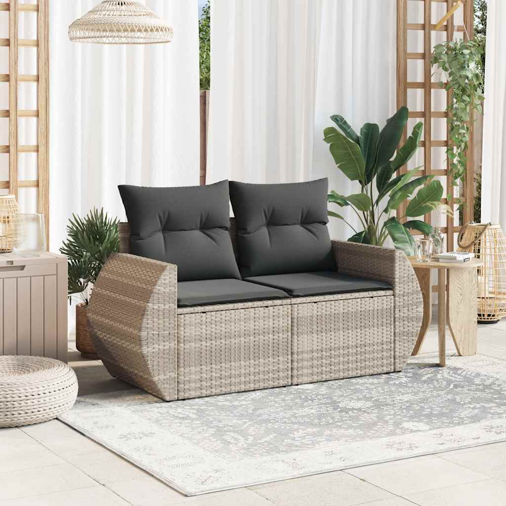 vidaXL Sofa ogrodowa z poduszkami, 2-osobowa, jasnoszara, polirattan