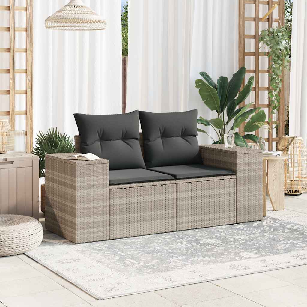 vidaXL Sofa ogrodowa z poduszkami, 2-osobowa, jasnoszara, polirattan
