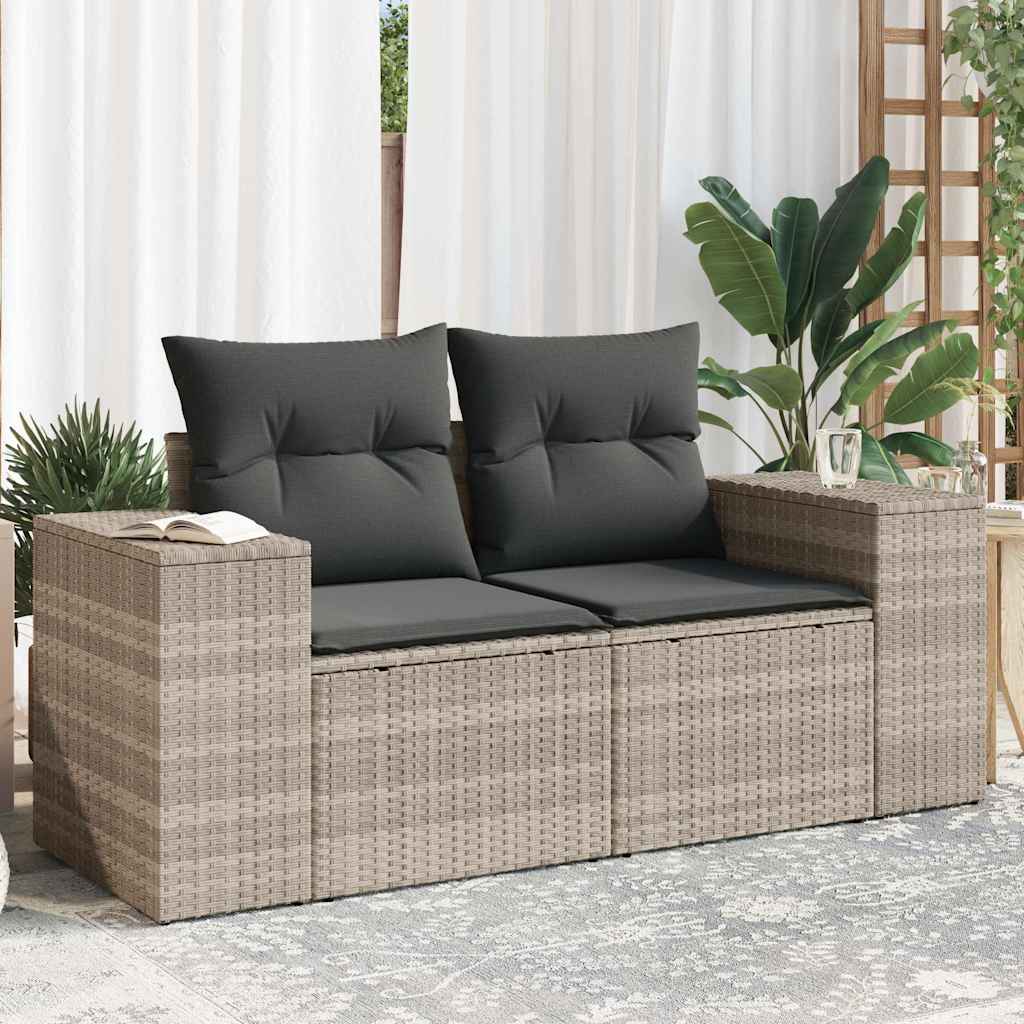 vidaXL Sofa ogrodowa z poduszkami, 2-osobowa, jasnoszara, polirattan