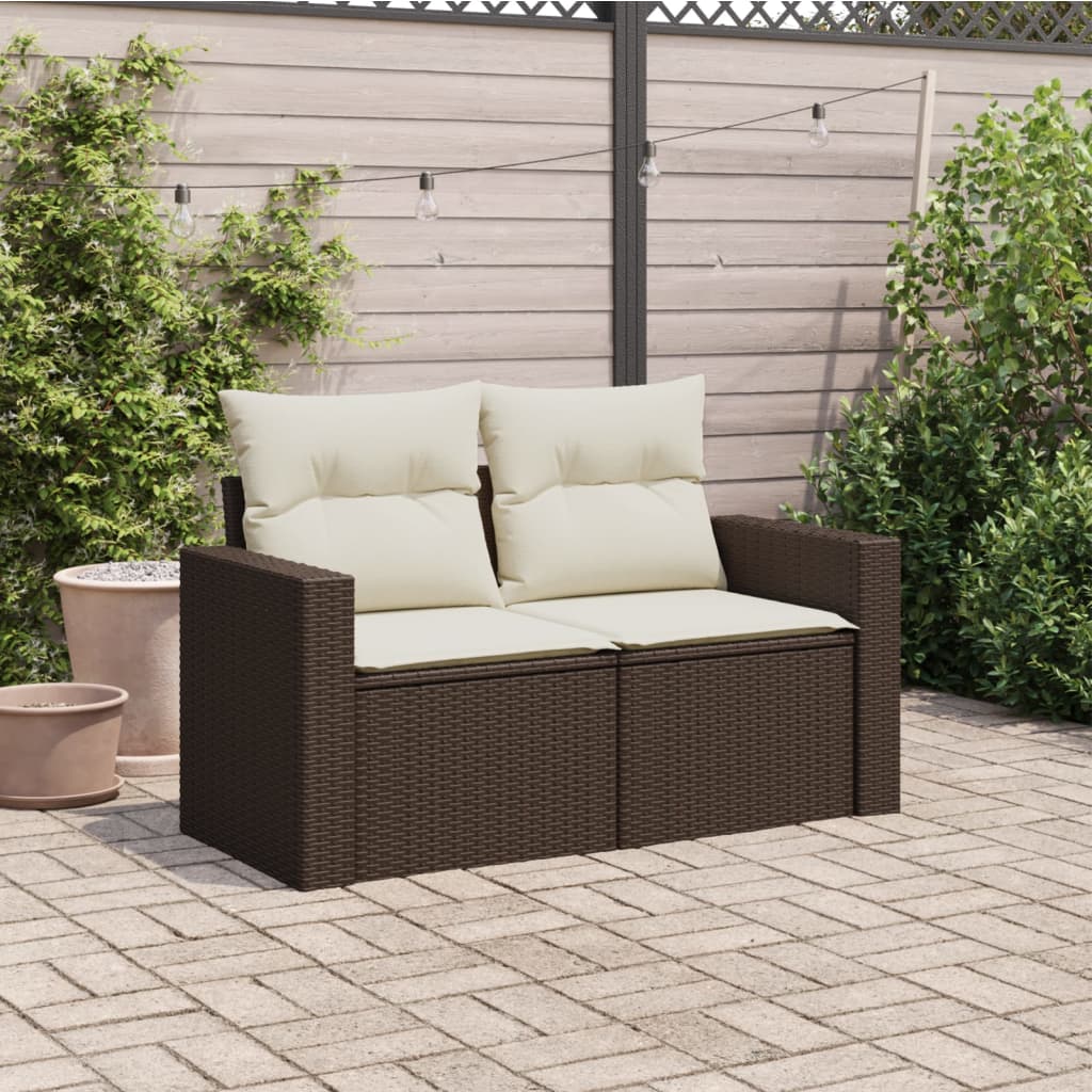 vidaXL Sofa ogrodowa z poduszkami, 2-osobowa, brązowa, polirattan