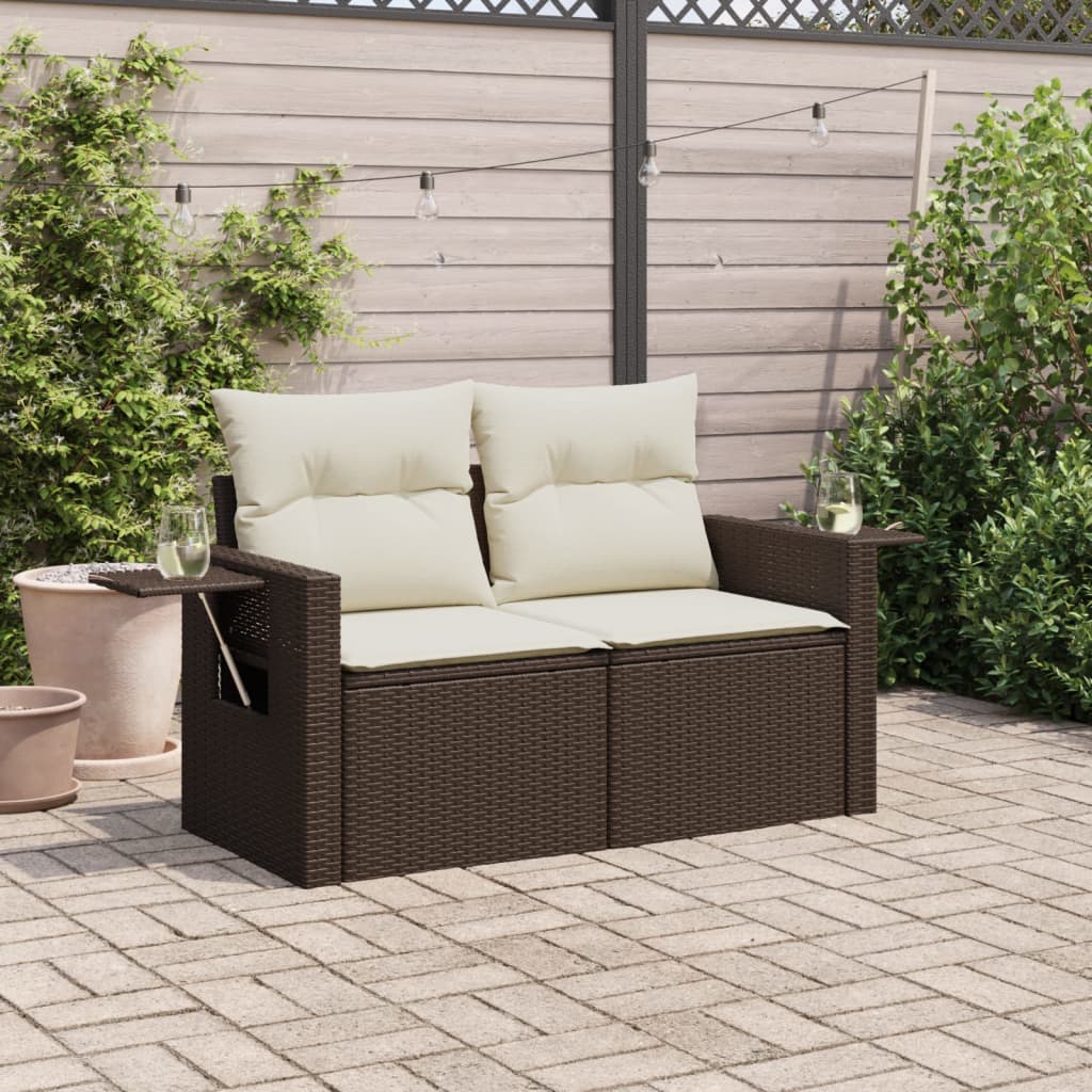 vidaXL Sofa ogrodowa z poduszkami, 2-osobowa, brązowa, polirattan