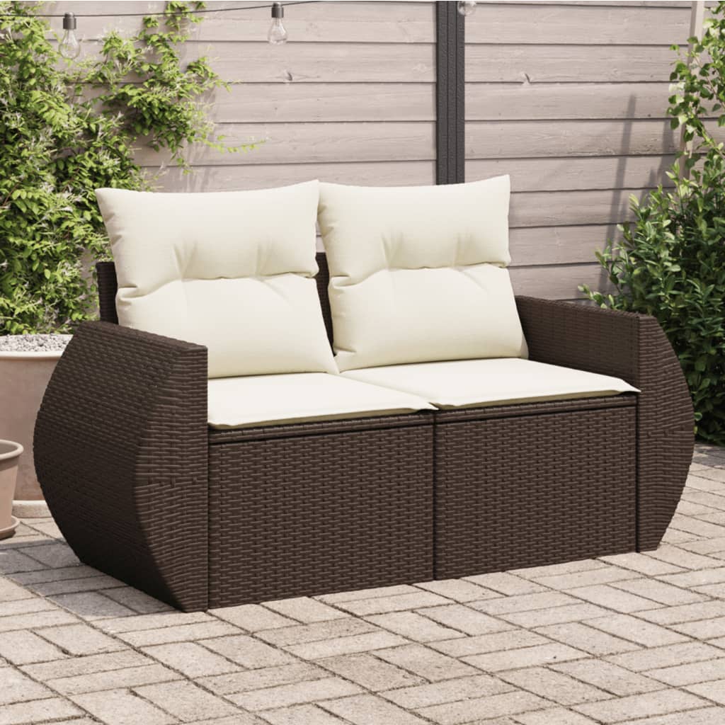 vidaXL Sofa ogrodowa z poduszkami, 2-osobowa, brązowa, polirattan