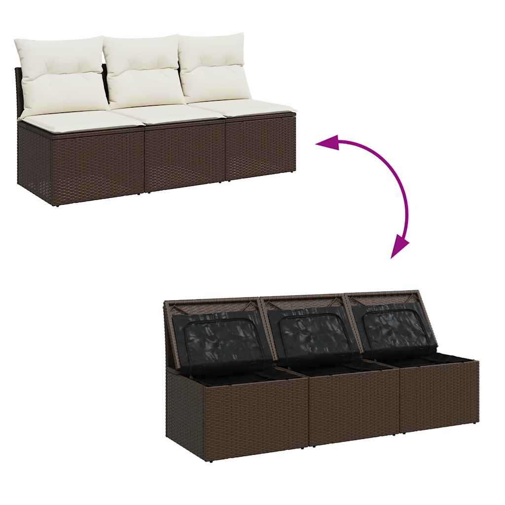 vidaXL Sofa ogrodowa z poduszkami, 3-osobowa, brązowa, polirattan