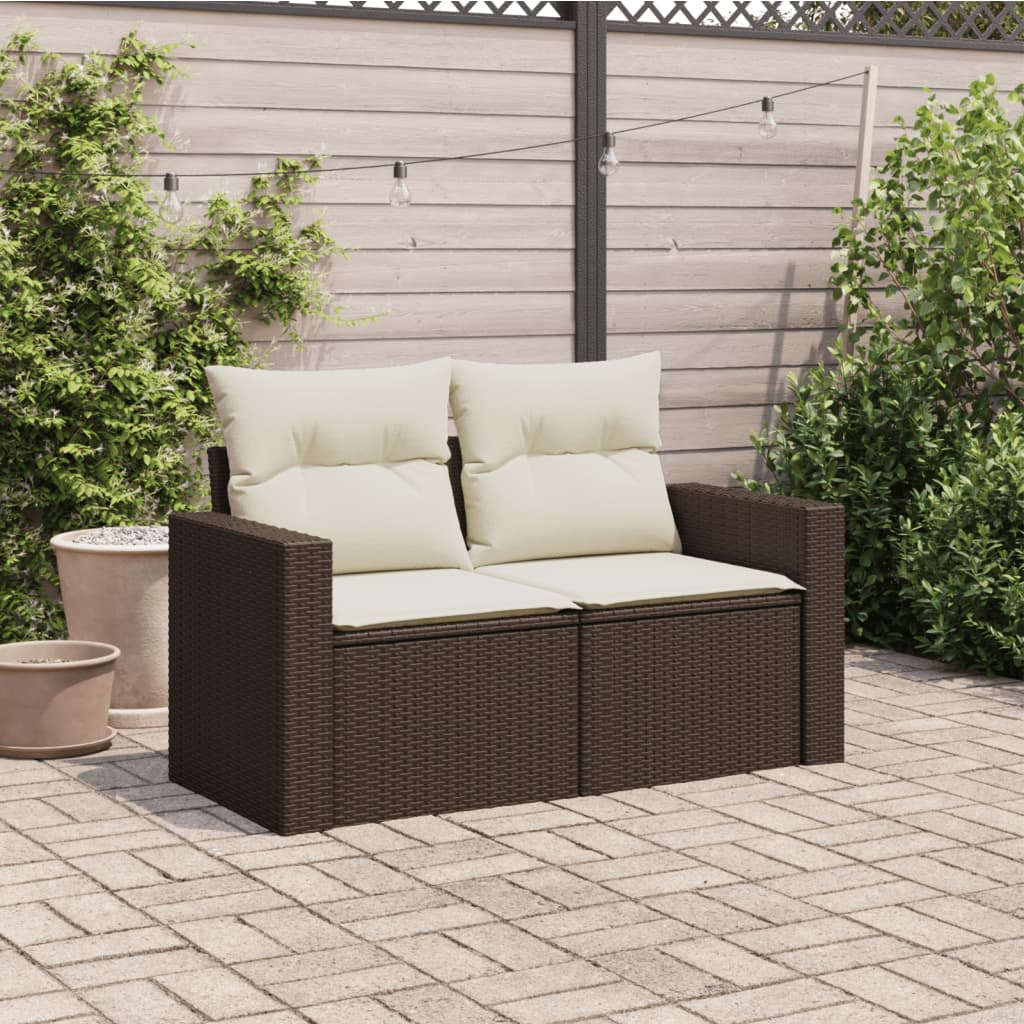vidaXL Sofa ogrodowa z poduszkami, 2-osobowa, brązowa, polirattan