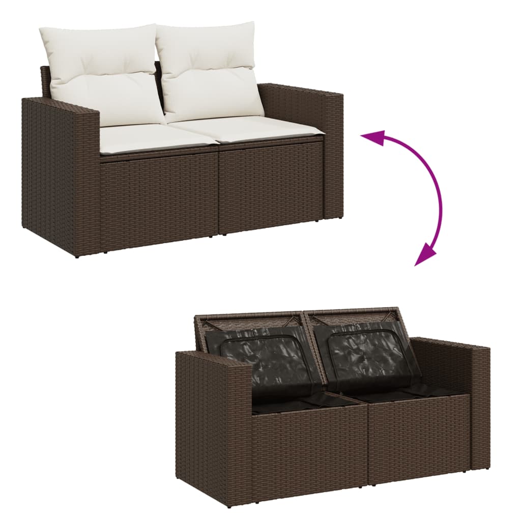 vidaXL Sofa ogrodowa z poduszkami, 2-osobowa, brązowa, polirattan