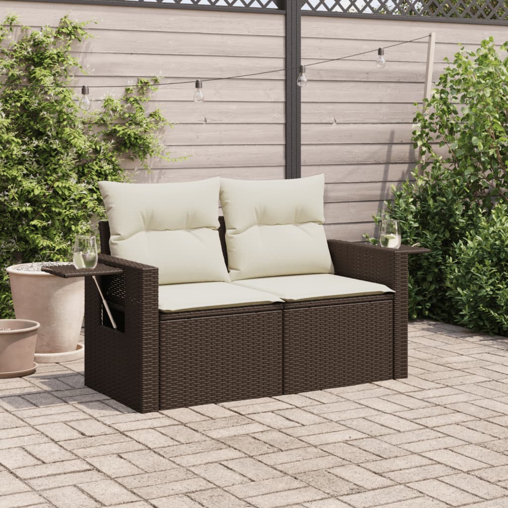 vidaXL Sofa ogrodowa z poduszkami, 2-osobowa, brązowa, polirattan