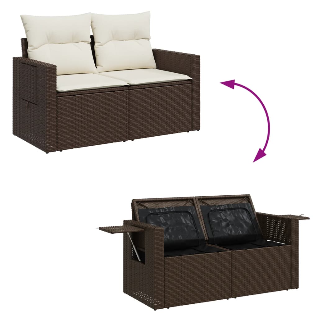 vidaXL Sofa ogrodowa z poduszkami, 2-osobowa, brązowa, polirattan