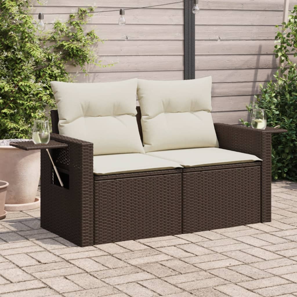 vidaXL Sofa ogrodowa z poduszkami, 2-osobowa, brązowa, polirattan