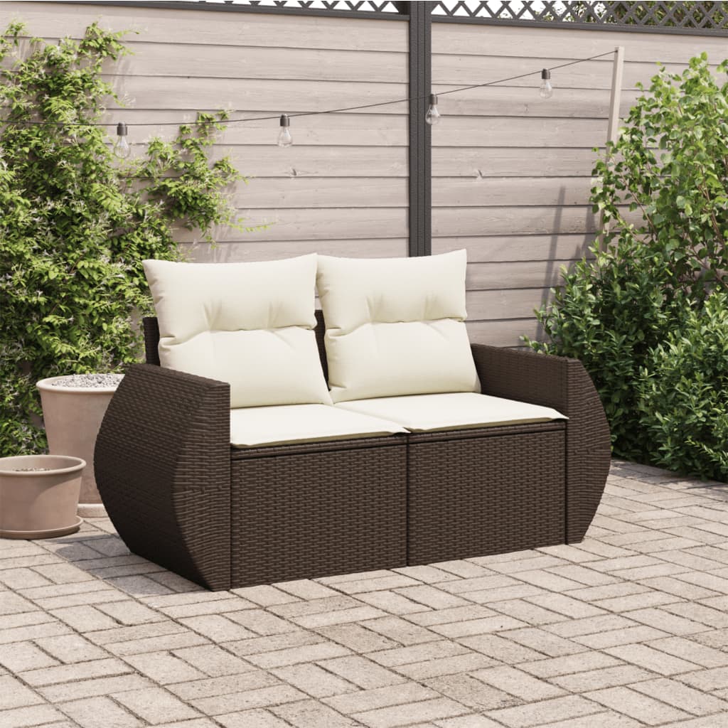 vidaXL Sofa ogrodowa z poduszkami, 2-osobowa, brązowa, polirattan
