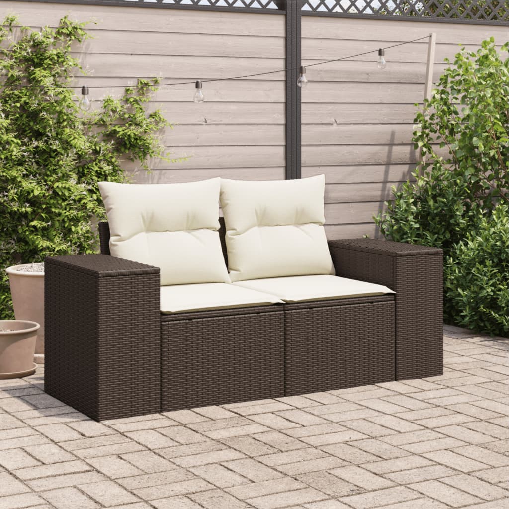 vidaXL Sofa ogrodowa z poduszkami, 2-osobowa, brązowa, polirattan