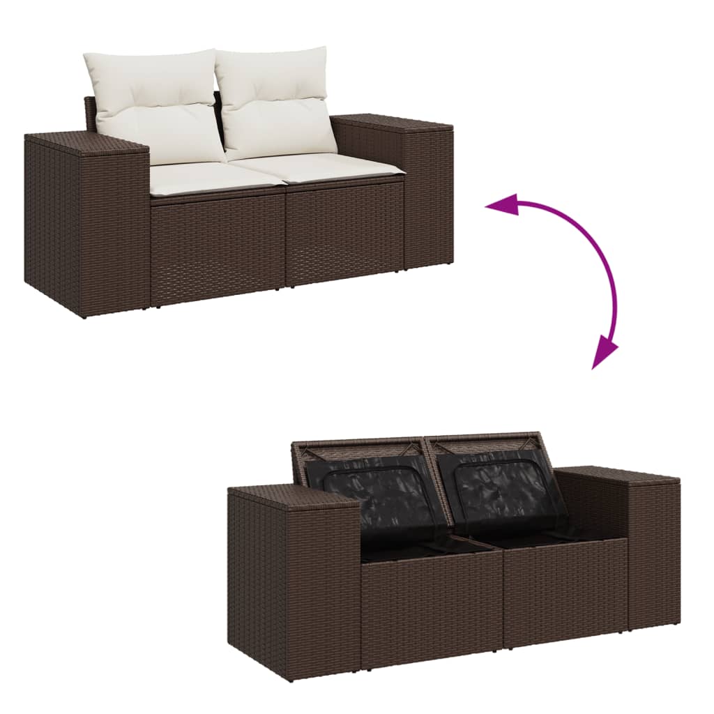 vidaXL Sofa ogrodowa z poduszkami, 2-osobowa, brązowa, polirattan