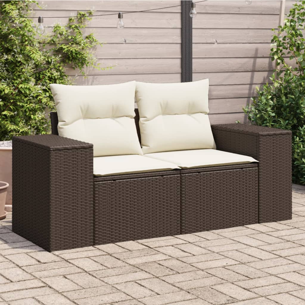 vidaXL Sofa ogrodowa z poduszkami, 2-osobowa, brązowa, polirattan