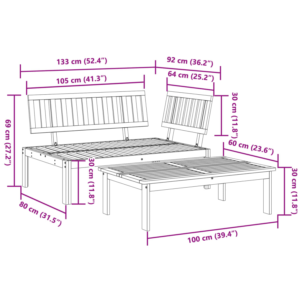 vidaXL Sofa ogrodowa i stolik z deseczek, lite drewno akacjowe