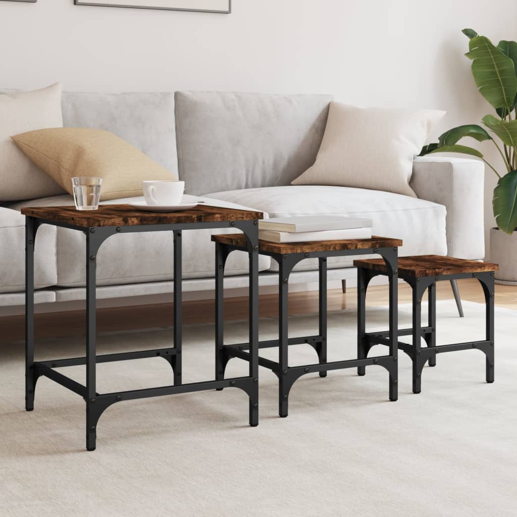 vidaXL Stoliki kawowe, wsuwane jeden pod drugi, 3 szt, przydymiony dąb