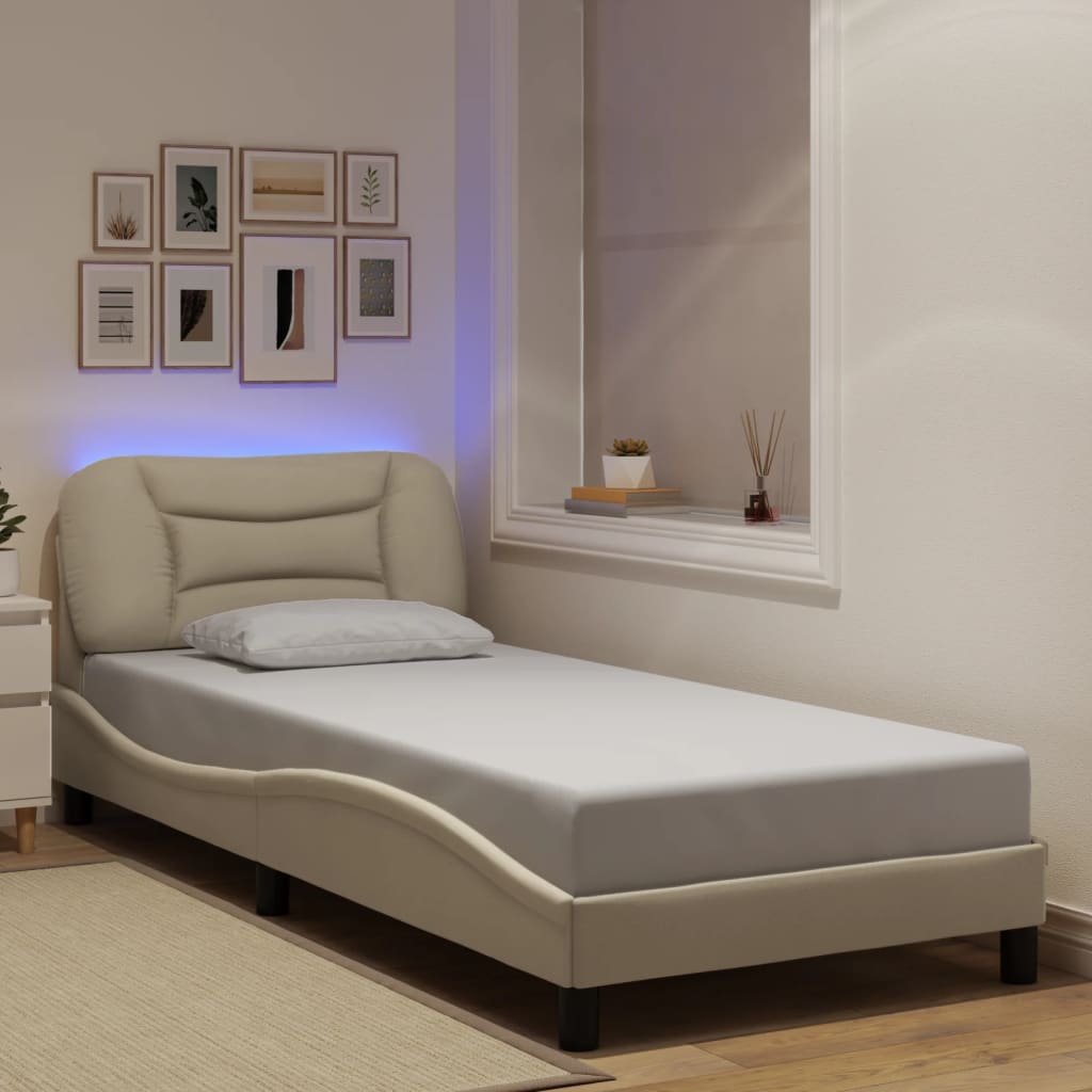 vidaXL Rama łóżka z LED bez materaca Hvar Kremowa 90x190 cm Tkanina