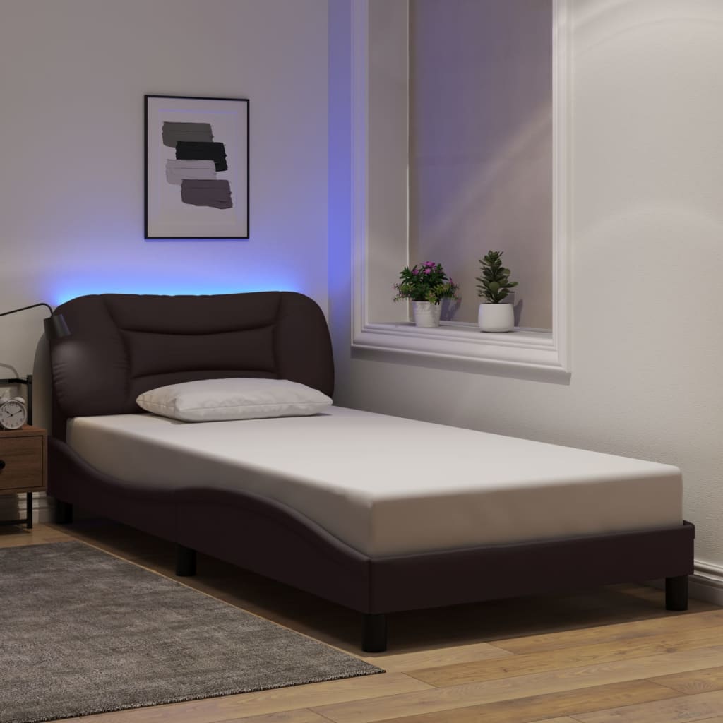 vidaXL Rama łóżka z LED bez materaca Hvar Ciemny brąz 100x200 cm Tkanina