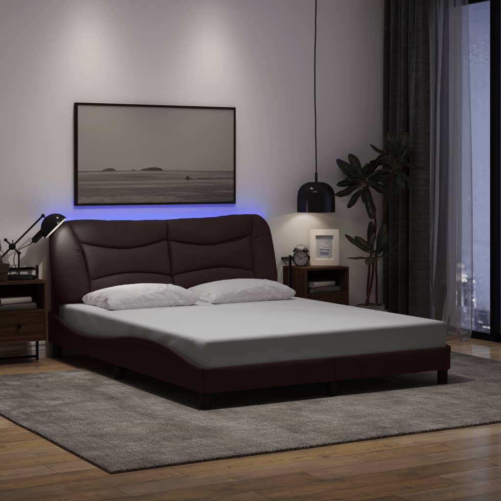 vidaXL Rama łóżka z LED bez materaca Hvar Ciemny brąz 160x200 cm Tkanina