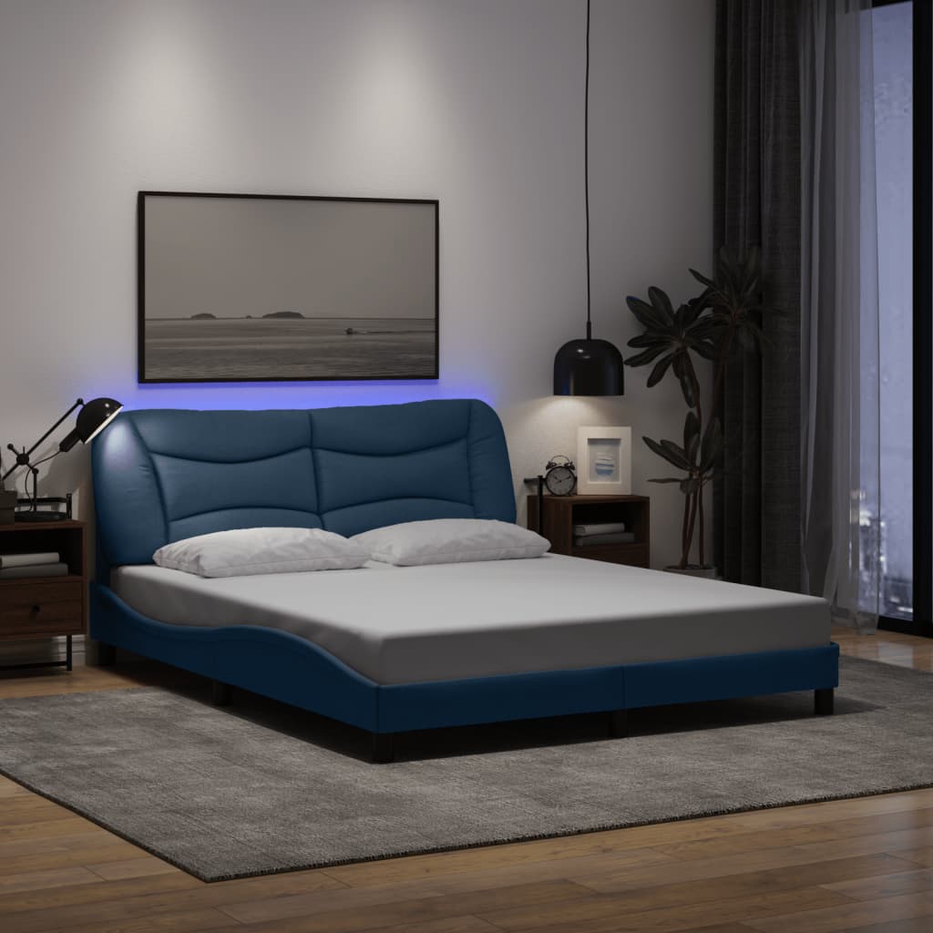 vidaXL Rama łóżka z LED bez materaca Hvar Niebieski 160x200 cm Tkanina