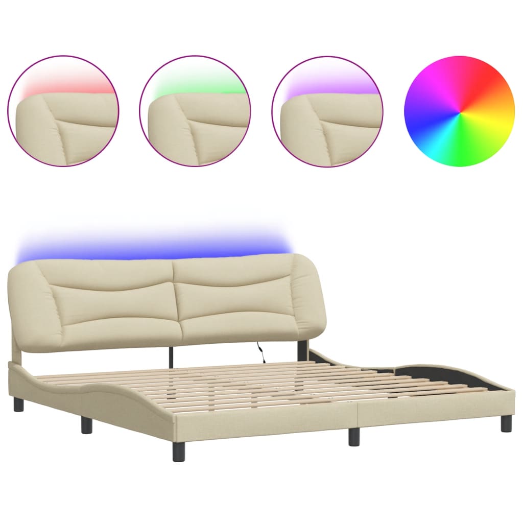 vidaXL Rama łóżka z LED bez materaca Hvar Kremowa 200x200 cm Tkanina