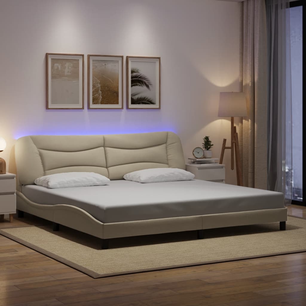 vidaXL Rama łóżka z LED bez materaca Hvar Kremowa 200x200 cm Tkanina