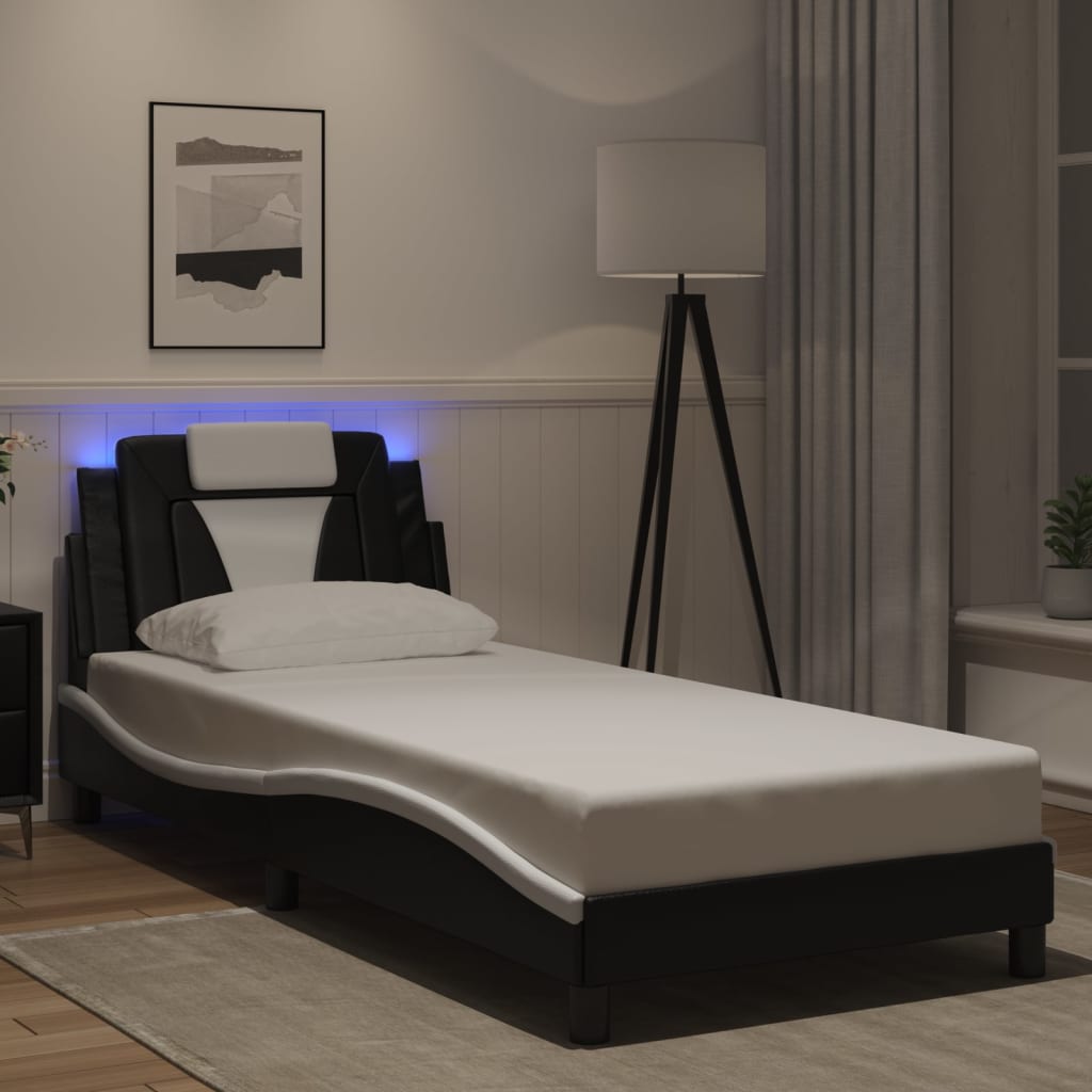 vidaXL Rama łóżka, Viana, z LED bez materaca, czarno-biała, 90x190 cm