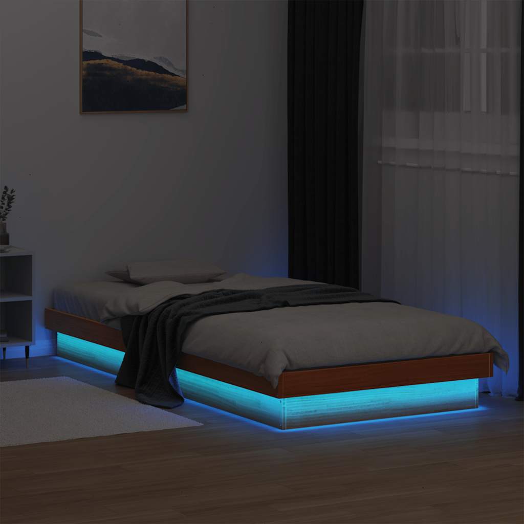 vidaXL Rama łóżka z LED, woskowy brąz, 90x200 cm, lite drewno sosnowe