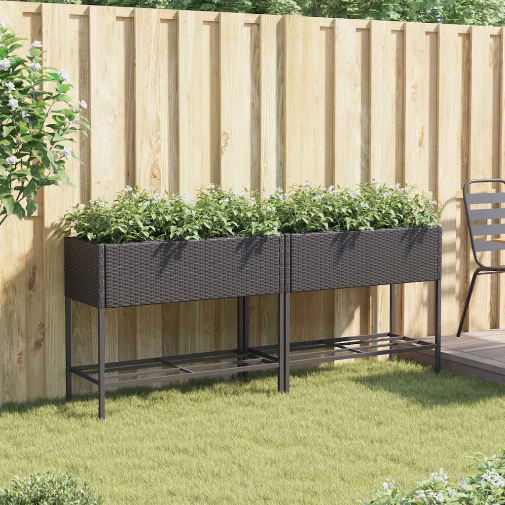 vidaXL Donice ogrodowe z półką, 2 szt, czarne, 90x40x75 cm, polirattan