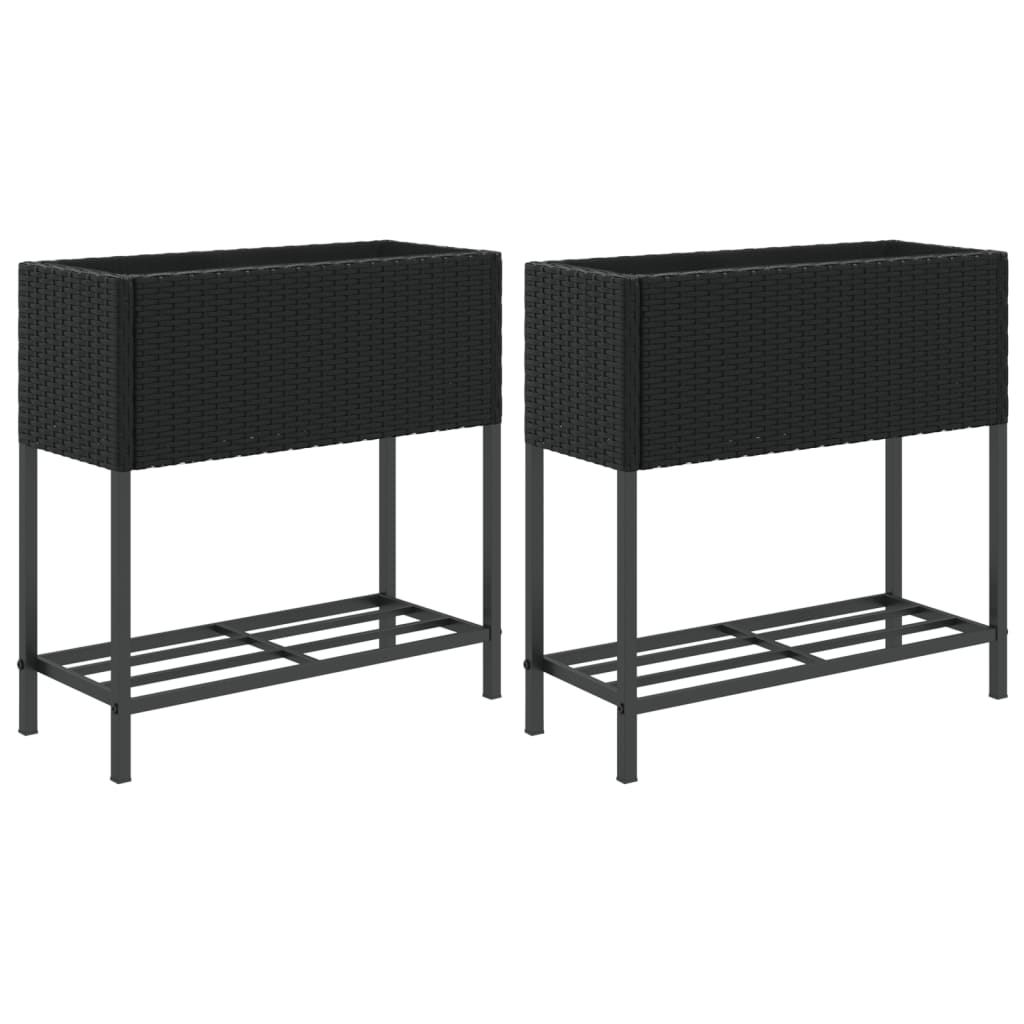 vidaXL Donice ogrodowe z półką, 2 szt, czarne, 70x28x70 cm, polirattan