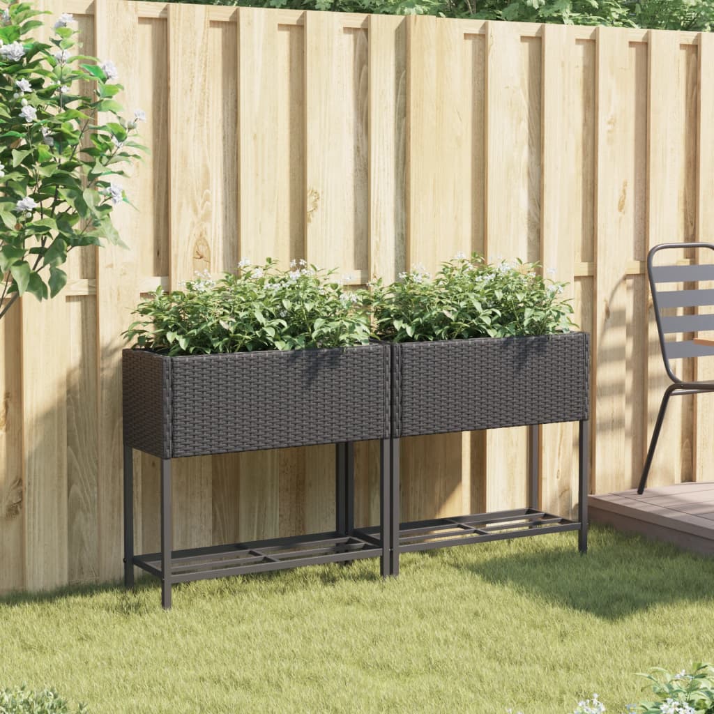 vidaXL Donice ogrodowe z półką, 2 szt, czarne, 70x28x70 cm, polirattan